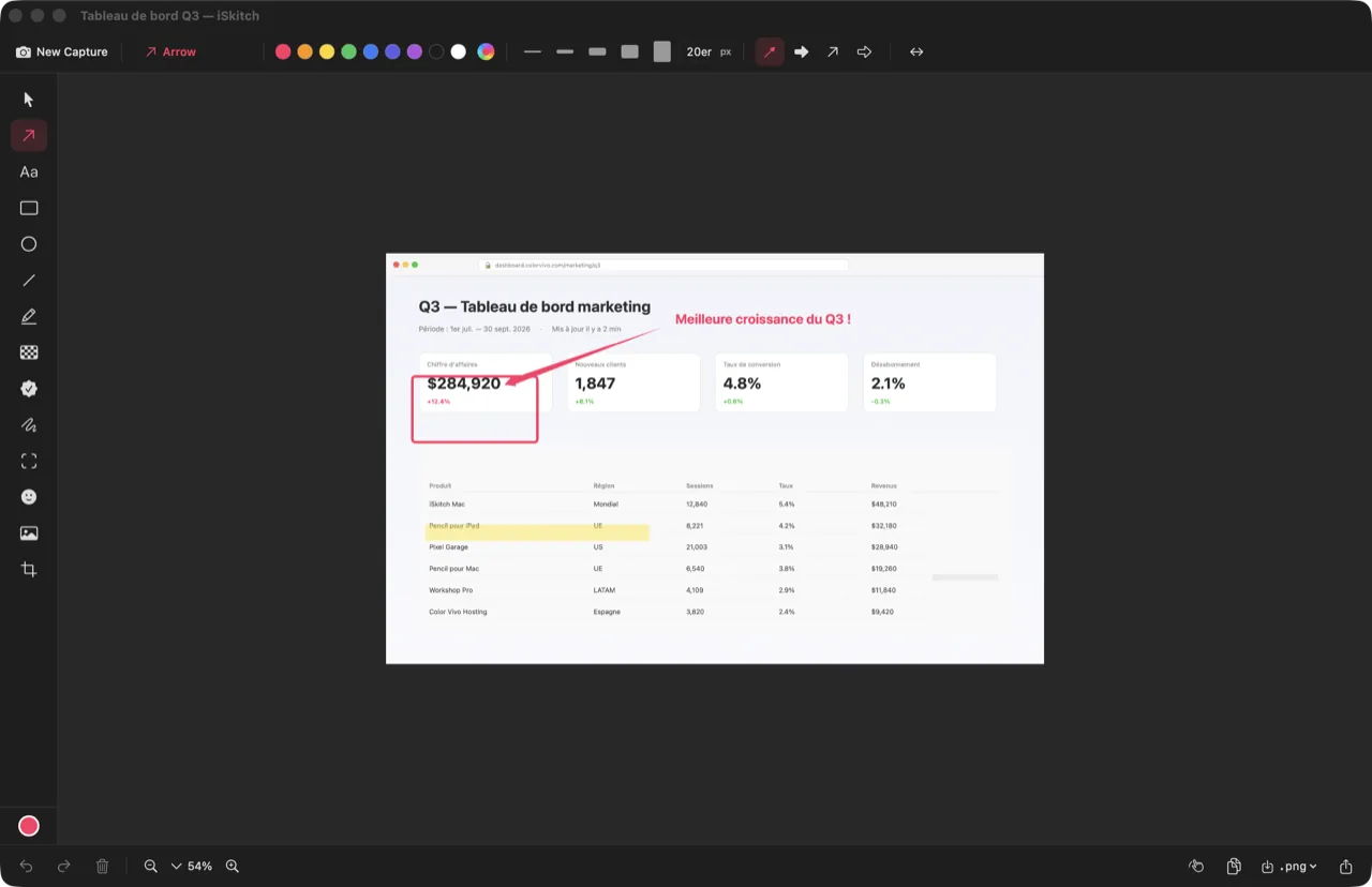 Capture d’écran de l’éditeur d’annotations iSkitch montrant la capture d’un site marketing avec des flèches rouges, des étiquettes de texte, un surlignage magenta et des zones pixelisées — démonstration des outils d’annotation sur macOS.